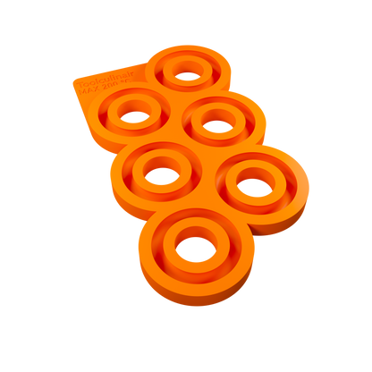 Front view of the Torus 6 cm food safe silicone 3D mold with six ring shaped cavities, ideal for crafting refined sweet and savory pastry decorations for appetizers and main courses.