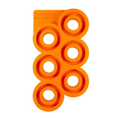 Top view of the Torus 6 cm food safe silicone 3D mold featuring six ring shaped cavities, versatile mold ideal for making multiple sweet and savory pastry decorations for appetizers and main courses.