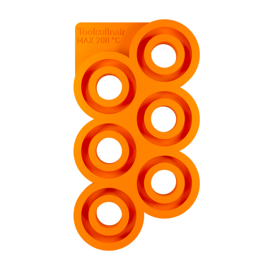 Top view of the Torus 6 cm food safe silicone 3D mold featuring six ring shaped cavities, versatile mold ideal for making multiple sweet and savory pastry decorations for appetizers and main courses.