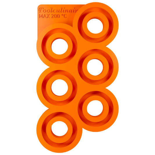 Top view of the Torus 6 cm food safe silicone 3D mold featuring six ring shaped cavities, versatile mold ideal for making multiple sweet and savory pastry decorations for appetizers and main courses.