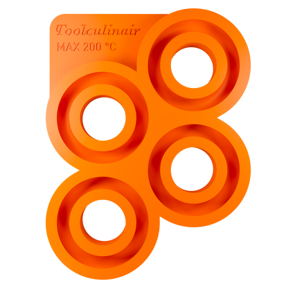 Top view of the Torus 8 cm food safe silicone 3D mold, featuring four ring shaped cavities, versatile and flexible mold perfect for creating multiple sweet or savory pastry decorations for appetizers and main courses.