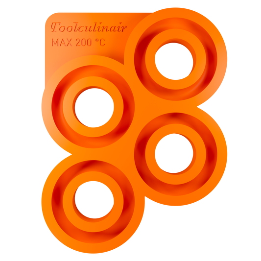 Top view of the Torus 8 cm food safe silicone 3D mold, featuring four ring shaped cavities, versatile and flexible mold perfect for creating multiple sweet or savory pastry decorations for appetizers and main courses.