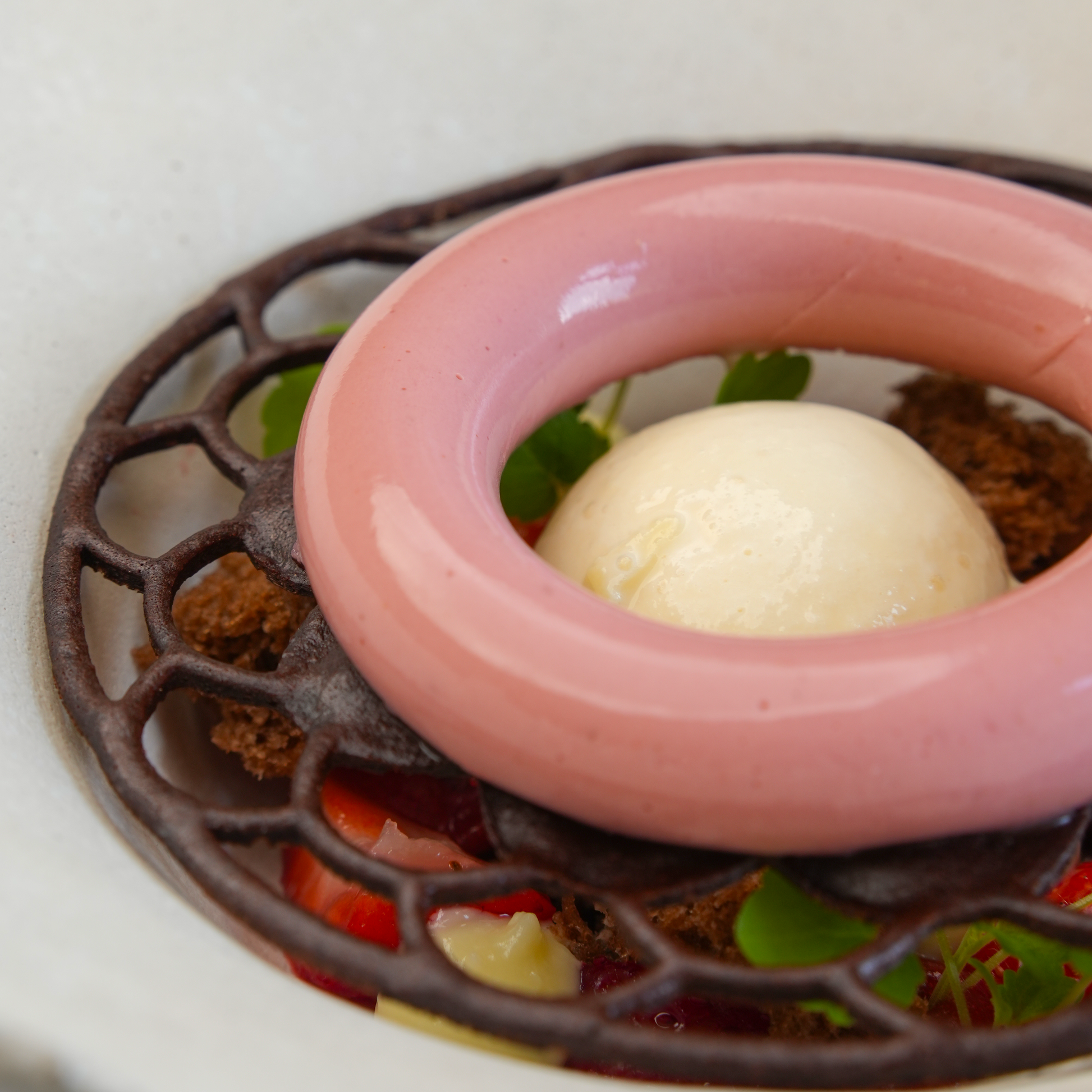Close-up photo of a torus-shaped dessert alongside the Ecliptar food-safe silicone tuile mold – showcasing fine pastry tools used for detailed and elegant plating.