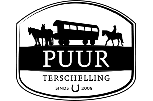 Logo of PUUR Terschelling with silhouette of a horse-drawn carriage and horses.