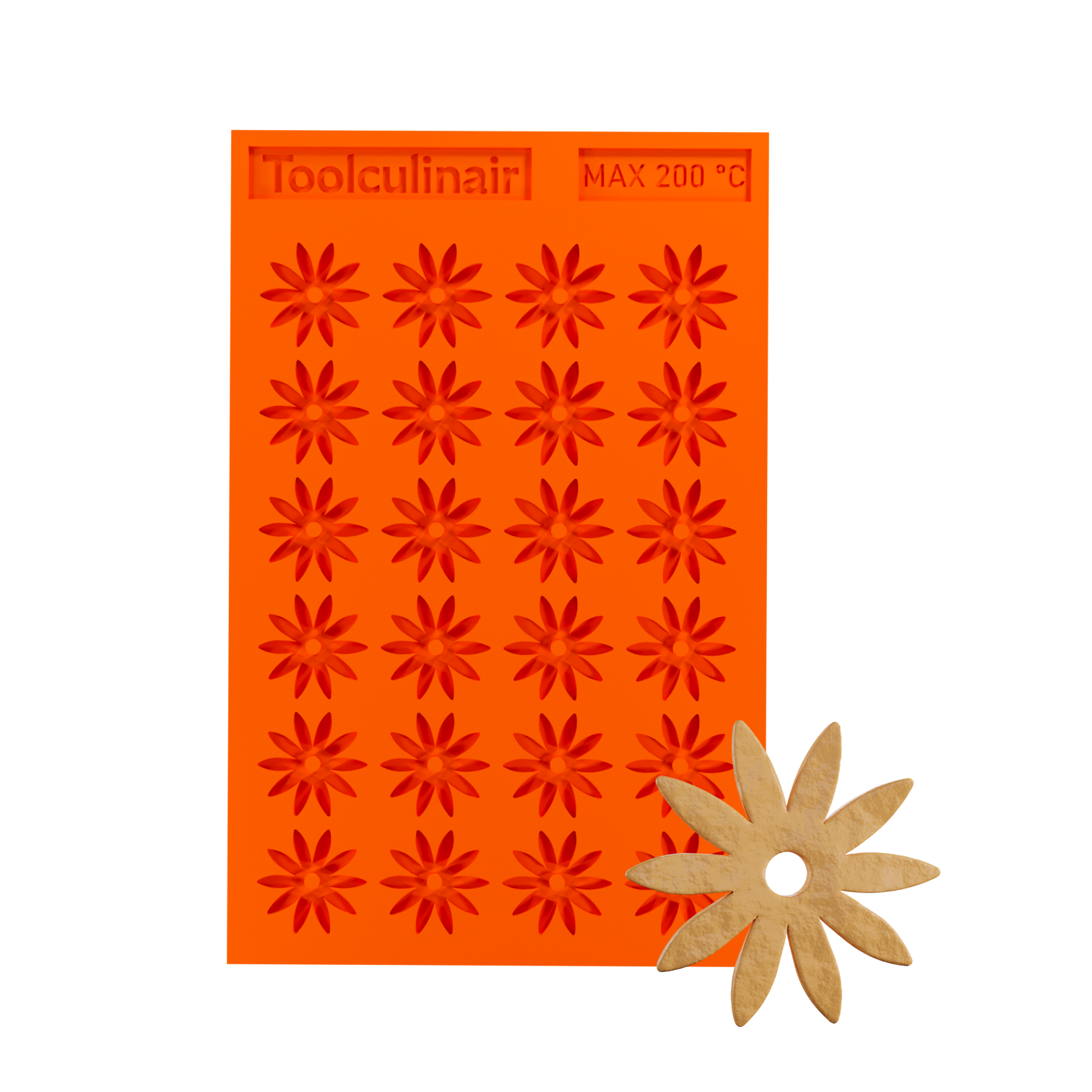 Photo of the Stellaria food safe silicone tuile mold alongside a matching tuile cookie, showcasing delicate star-shaped pastry decoration perfect for sweet and savory dishes.