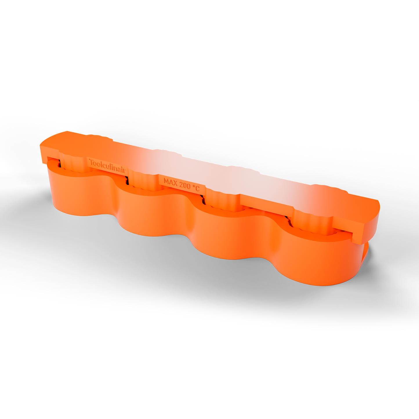 3D render of an orange Toolculinair artichoke dome silicone mold shown from a slightly angled rear view, with the top part of the mold nested into the bottom part.
