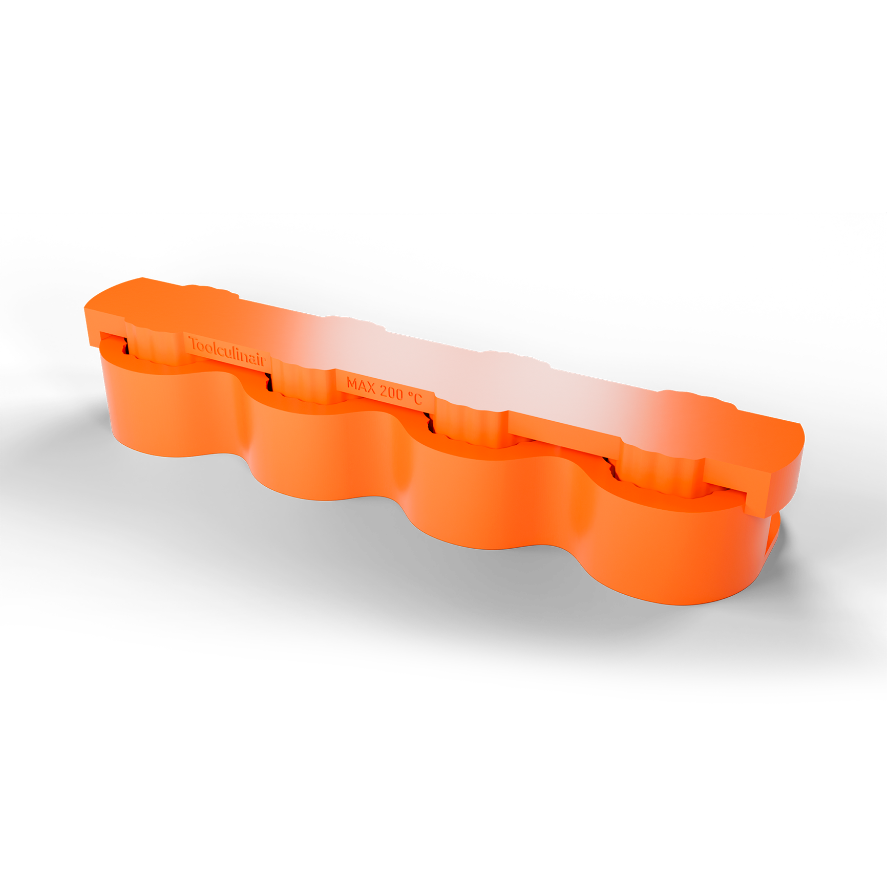 3D render of an orange Toolculinair artichoke dome silicone mold shown from a slightly angled rear view, with the top part of the mold nested into the bottom part.